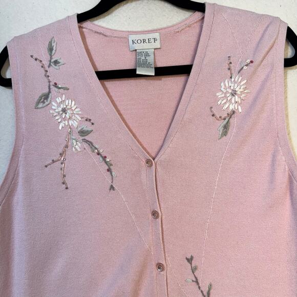 Koret Light Pink Rayon Knit Sweater Vest Ribbon Floral Embroidery Granny Small - Picture 5 of 6